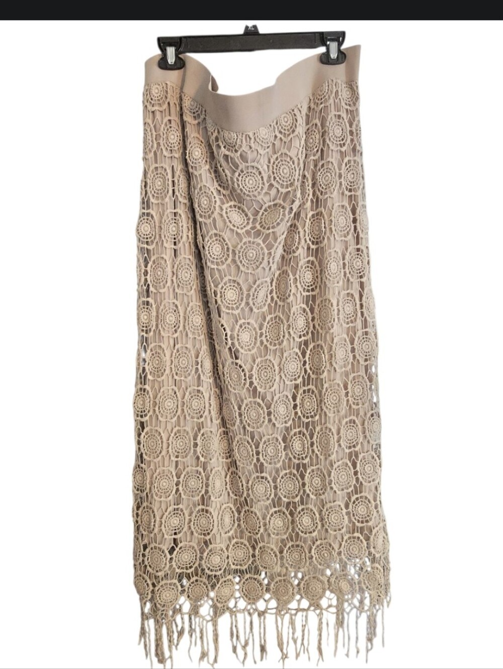 Cato Beige Boho Crochet Maxi Skirt with Fringe Size 22/24W In EUC